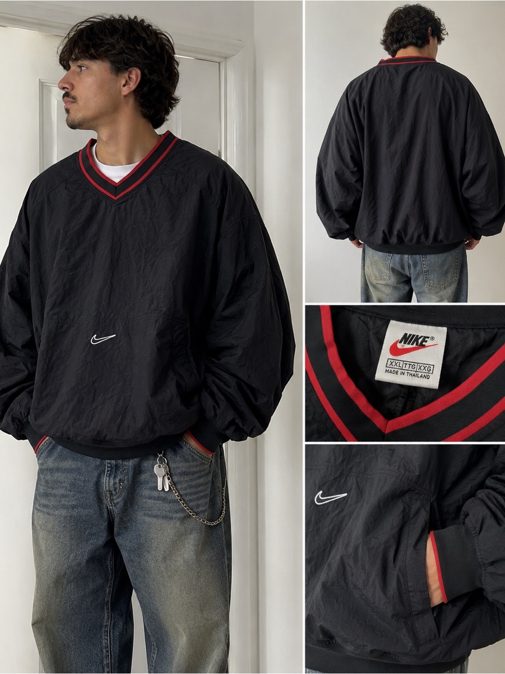Vintage 90’s Nike Black Windbreaker Pullover with Red Trim XXL